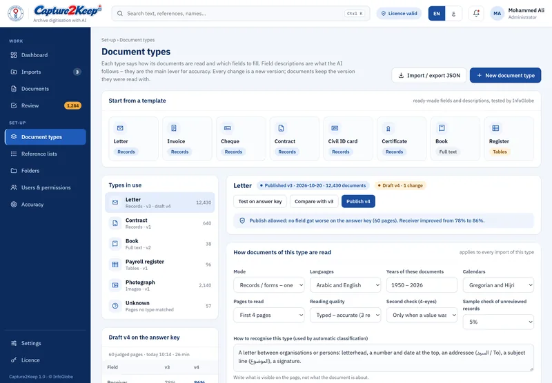 Document types: Define your own document types and fields, with no programming.