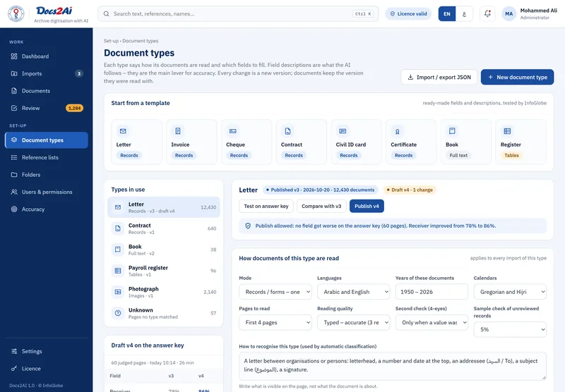 Document types: Define your own document types and fields, with no programming.